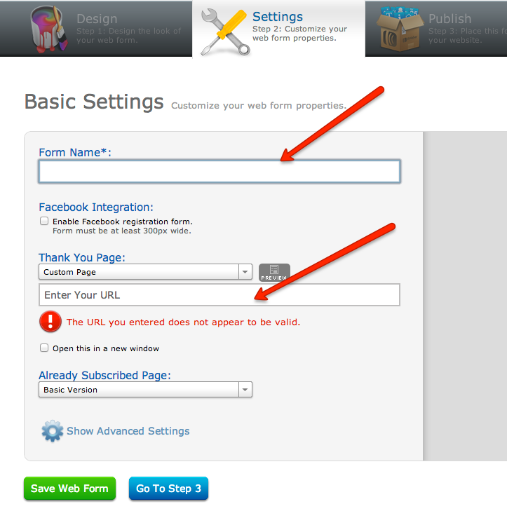 web form settings